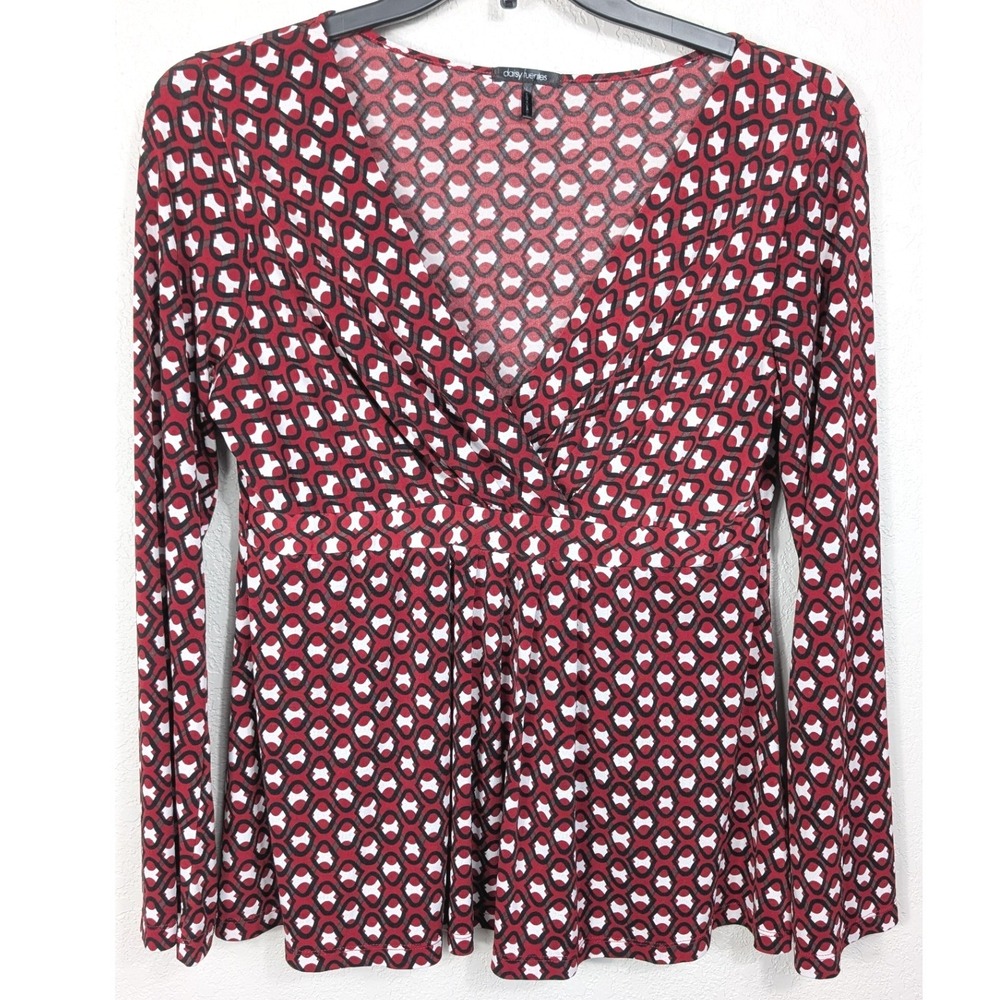 Daisy Fuentes Blouse Women Large‎ Red Geometric Faux Wrap Long Sleeve Top L